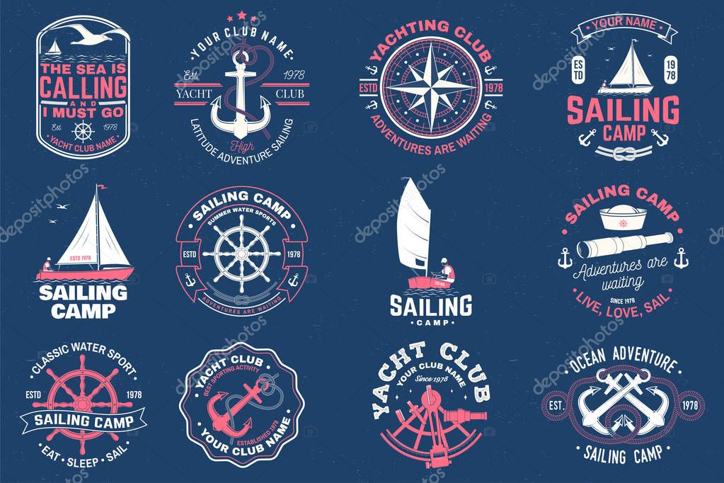 Sailing camp badge. Vector illustration. Concept for shirt, print, stamp or tee. Vintage typography design with man in sailboats silhouette. Sailing on small boat. Ocean adventure. Classic water sport