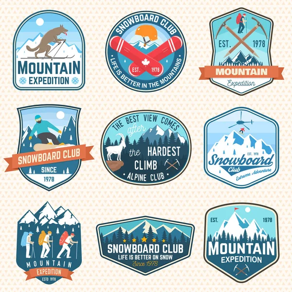 Set of mountain expedition and snowboard club patch. Vector. Concept for badge, print, stamp. Vintage typography design with mountaineers and mountain silhouette. Outdoors adventure emblems. — Stock Vector