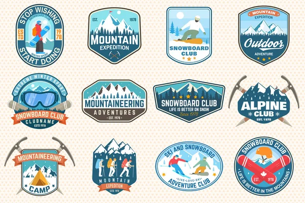 Set of mountain expedition and snowboard club patch. Vector. Concept for badge, print, stamp. Vintage typography design with mountaineers and mountain silhouette. Outdoors adventure emblems. — Stock Vector