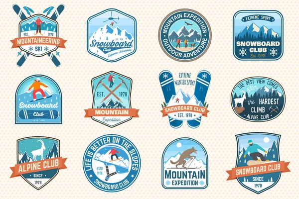 Set van berg expeditie en Snowboard Club patch. Vector. Concept voor badge, afdrukken, stempel. Vintage typografie ontwerp met bergbeklimmers en berg silhouet. Buitenavonturen emblemen. — Stockvector