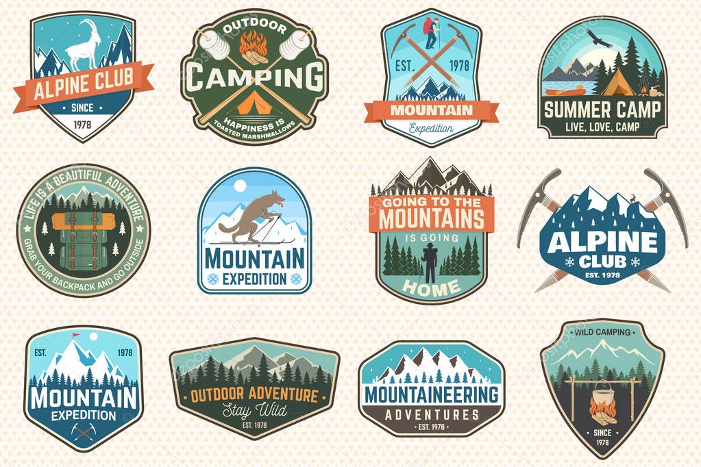 Set of mountain expedition and summer camp patches. Vector Concept for shirt or print, stamp, badge or tee. Vintage typography design with forest camp, mountains expedition. Outdoors adventure emblems