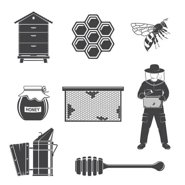 Conjunto de iconos de silueta de equipos de apicultura. Vector. El conjunto incluye apicultor, abeja, colmena, fumador de abejas, panales, propóleo, cazo. Iconos de equipo para negocio de granja de abejas miel . — Vector de stock