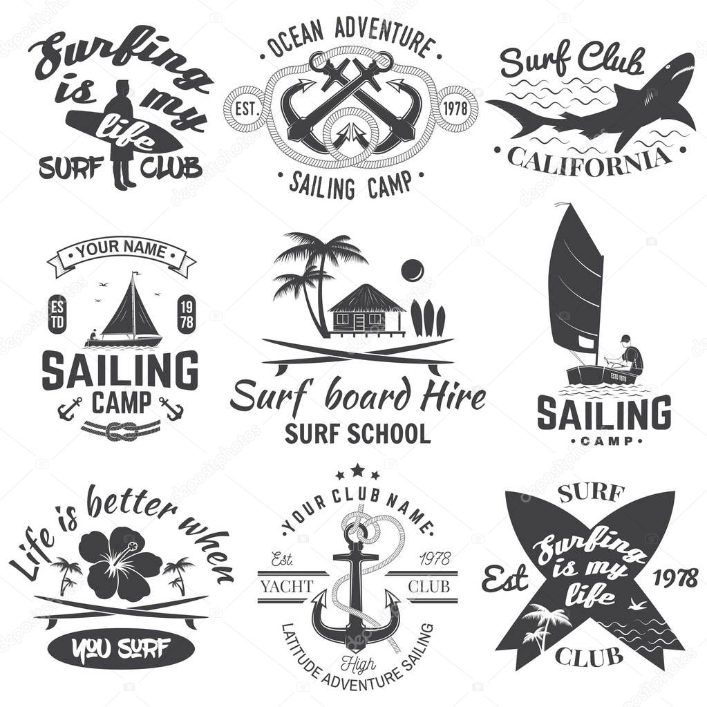Set of sailing camp, yacht club and surf club badges. Vector. Concept for shirt, print, stamp. Vintage typography design with surfboard and sailing boat silhouette. Extreme water sport.