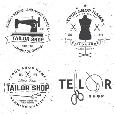 Terzi Dükkanı rozeti. Vektör. Gömlek, baskı, damga etiketi veya tee için konsept. Dikiş iğne ve makas siluet ile Vintage tipografi tasarımı. Dikiş atölyesi iş için retro tasarım
