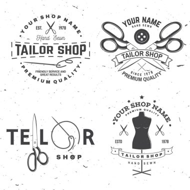 Terzi Dükkanı rozeti. Vektör. Gömlek, baskı, damga etiketi veya tee için konsept. Dikiş iğne ve makas siluet ile Vintage tipografi tasarımı. Dikiş atölyesi iş için retro tasarım