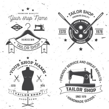 Terzi Dükkanı rozeti. Vektör. Gömlek, baskı, damga etiketi veya tee için konsept. Dikiş iğne ve makas siluet ile Vintage tipografi tasarımı. Dikiş atölyesi iş için retro tasarım