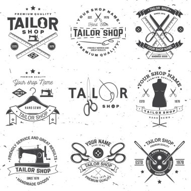 Terzi Dükkanı rozeti. Vektör. Gömlek, baskı, damga etiketi veya tee için konsept. Dikiş iğne ve makas siluet ile Vintage tipografi tasarımı. Dikiş atölyesi iş için retro tasarım