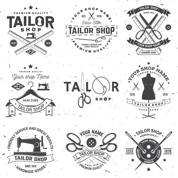Terzi Dükkanı rozeti. Vektör. Gömlek, baskı, damga etiketi veya tee için konsept. Dikiş iğne ve makas siluet ile Vintage tipografi tasarımı. Dikiş atölyesi iş için retro tasarım