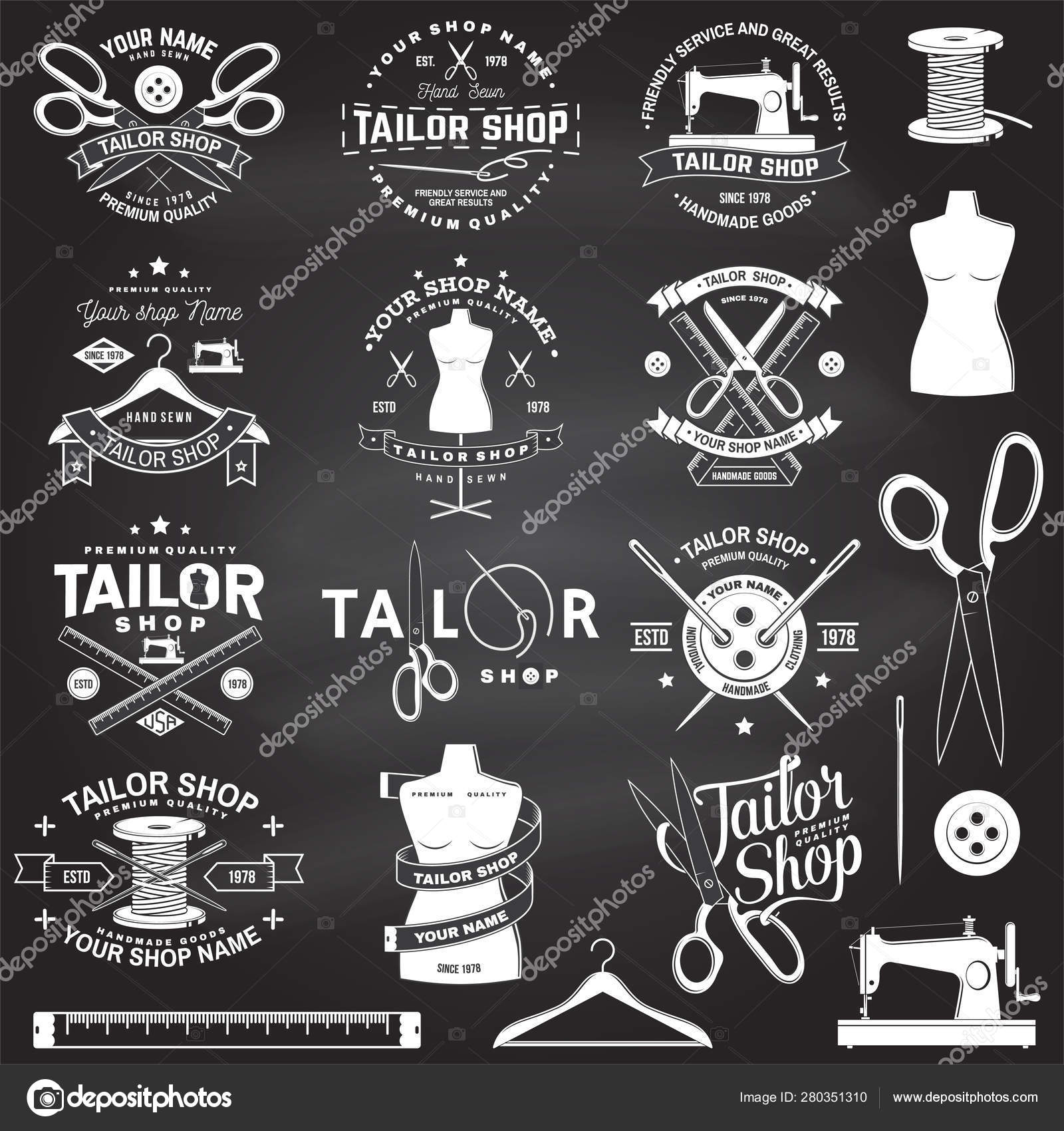 Tailor shop and sewing badge with scissors, fabric, Stock vector