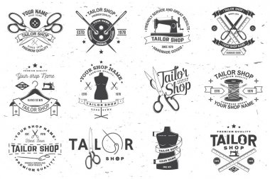 Terzi Dükkanı rozeti. Vektör. Gömlek, baskı, damga etiketi veya tee için konsept. Dikiş iğne ve makas siluet ile Vintage tipografi tasarımı. Dikiş atölyesi iş için retro tasarım