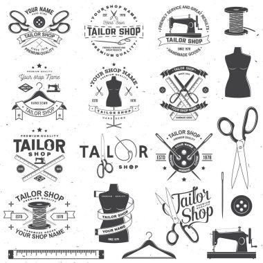 Terzi Dükkanı rozeti. Vektör. Gömlek, baskı, damga etiketi veya tee için konsept. Dikiş iğne ve makas siluet ile Vintage tipografi tasarımı. Dikiş atölyesi iş için retro tasarım