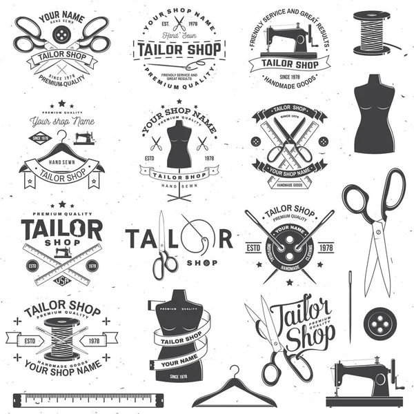 Tailor shop badge. Vector. Concept for shirt, print, stamp label or tee. Vintage typography design with sewing needle and scissors silhouette. Retro design for sewing shop business — Stock Vector