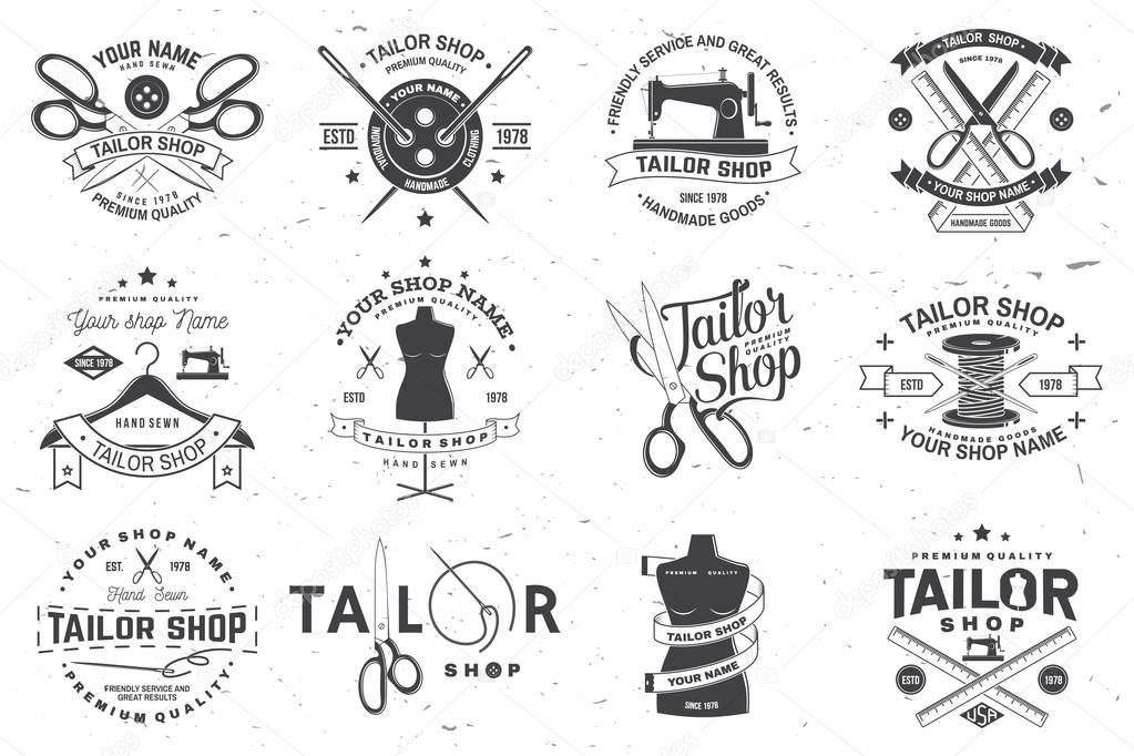 Tailor shop badge. Vector. Concept for shirt, print, stamp label or tee. Vintage typography design with sewing needle and scissors silhouette. Retro design for sewing shop business
