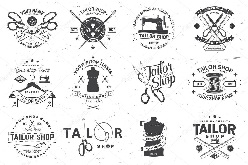 Set of tailor shop badges. Vector illustration Concept for shirt, print, stamp label or tee. Vintage typography design with sewing needle and scissors silhouette. Retro design for sewing shop business