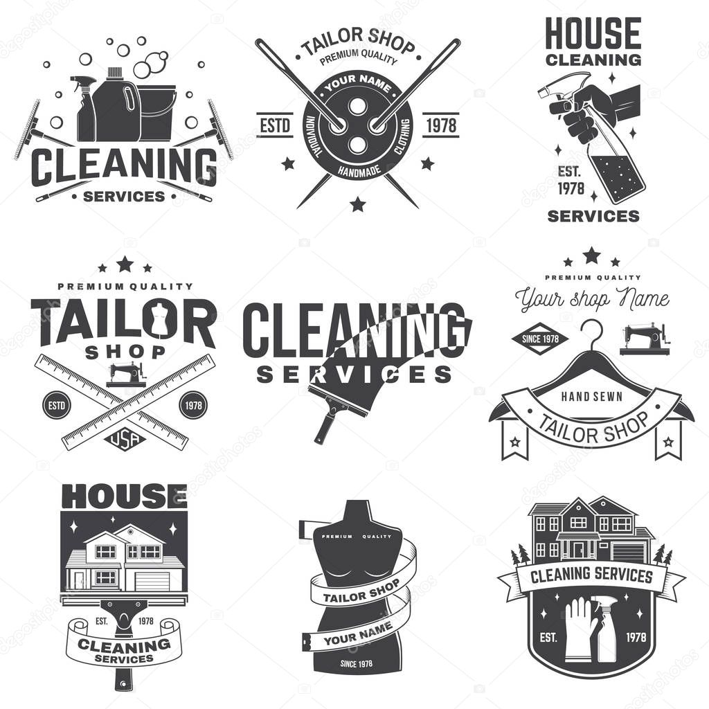 Set of tailor shop, cleaning company badges. Vector. Concept for shirt. Typography design with sewing, cleaning equipments silhouette. Retro design for sewing shop, cleaning service business