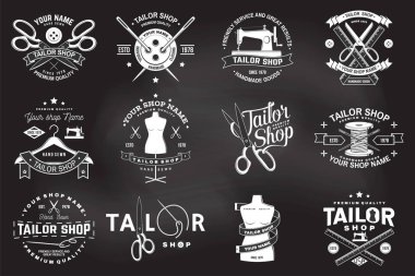 Terzi Dükkanı rozeti. Vektör. Gömlek, baskı, damga etiketi veya tee için konsept. Dikiş iğne ve makas siluet ile Vintage tipografi tasarımı. Dikiş atölyesi iş için retro tasarım