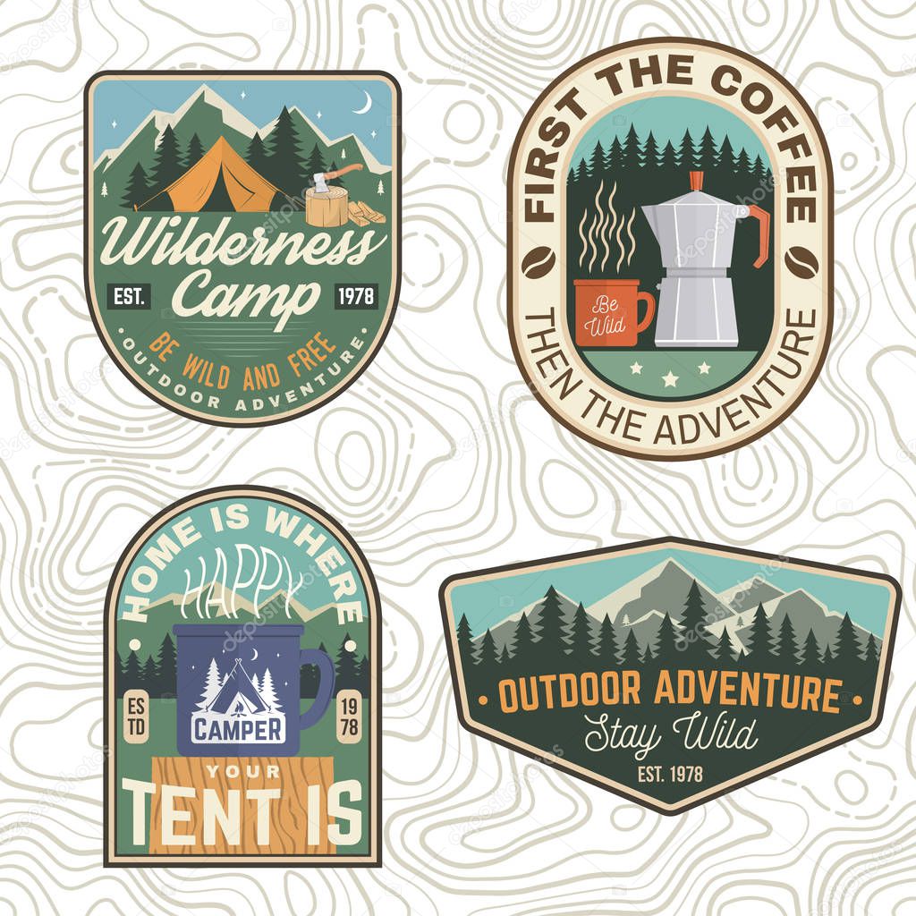 Set of Summer camp patches. Vector. Concept for shirt, print, stamp, apparel or tee. Vintage design with lantern, pocket knife, campin tent, axe, mountain, campfire and forest silhouette