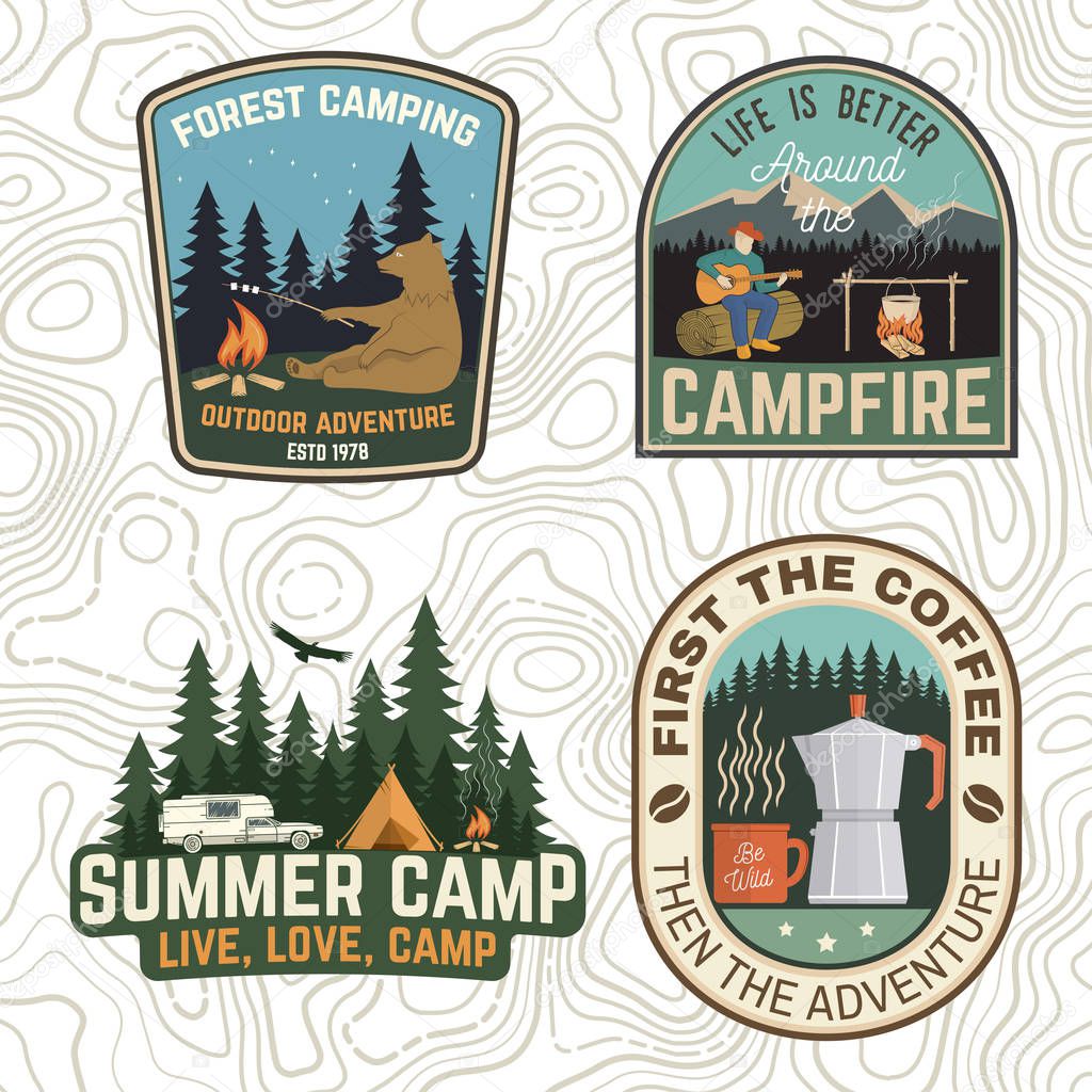 Set of Camping and caravanning club badges. Vector. Concept for logo, print, stamp, patch or tee. Vintage typography design with camp trailer, coffee maker, forest and mountain silhouette.