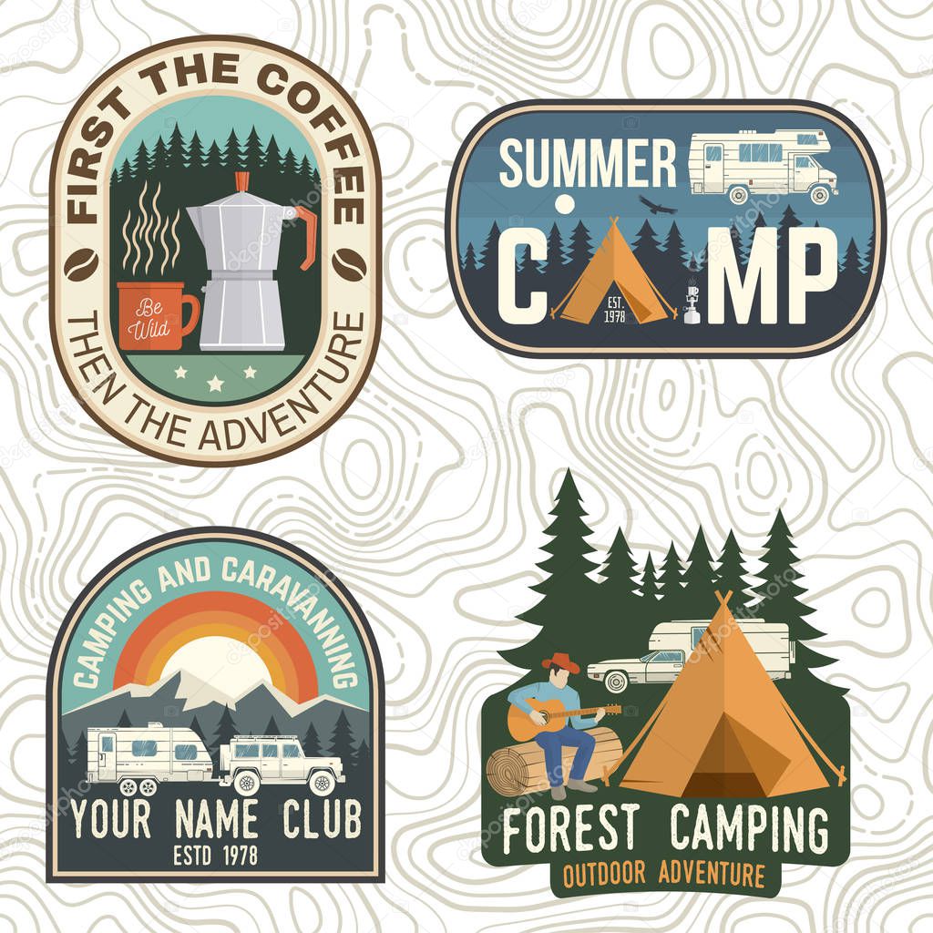 Set of Camping and caravanning club badges. Vector. Concept for logo, print, stamp, patch or tee. Vintage typography design with camp trailer, coffee maker, forest and mountain silhouette.