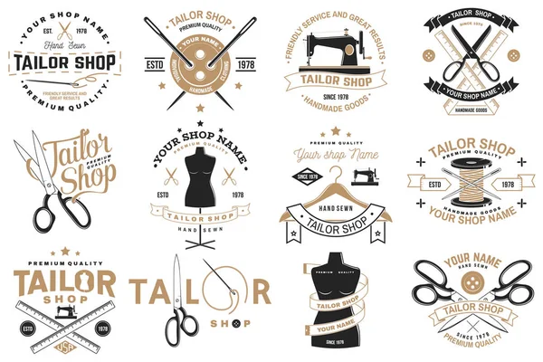 Tailor shop badge. Vector. Concept for shirt, print, stamp label or tee. Vintage typography design with sewing needle and scissors silhouette. Retro design for sewing shop business — Stock Vector