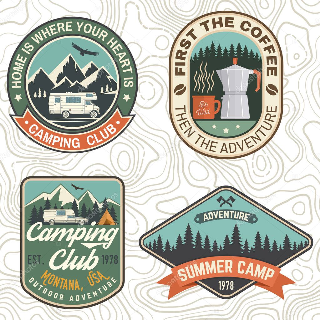 Set of Camping and caravanning club badges. Vector. Concept for shirt or logo, print, stamp, patch or tee. Vintage typography design with camp trailer, coffee maker, forest and mountain silhouette.