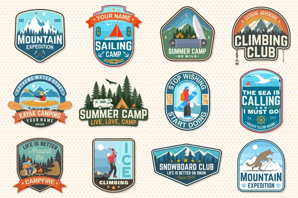 Set of sailing camp, canoe and kayak club patches. Vector. Concept for shirt, print, stamp or tee. Outdoor adventure patches. — Stock Vector