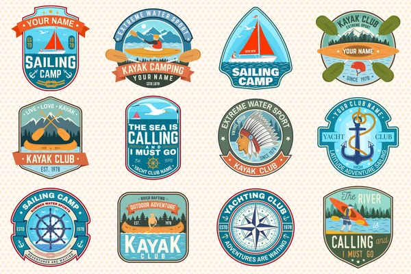 Set of sailing camp, canoe and kayak club patches. Vector. Concept for shirt, print, stamp. Design with sea anchors, hand wheel, sail boat and river, kayaker silhouette. Extreme water sport. — Stock Vector