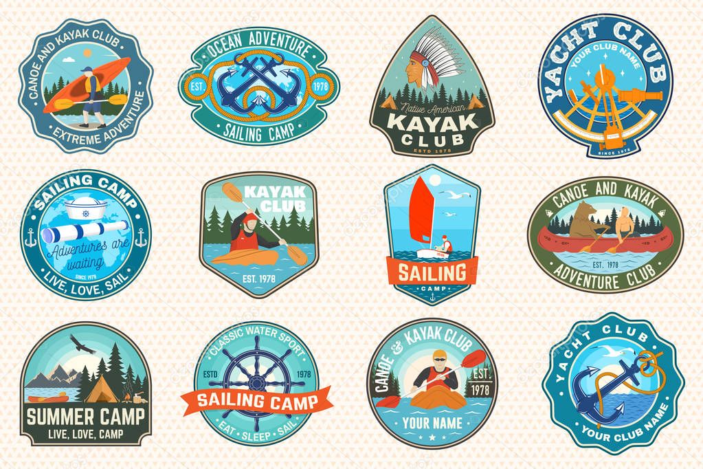 Set of sailing camp, canoe and kayak club patches. Vector. Concept for shirt, print, stamp or tee. Design with sea anchors, hand wheel, sail boat and river, kayaker silhouette. Extreme water sport.