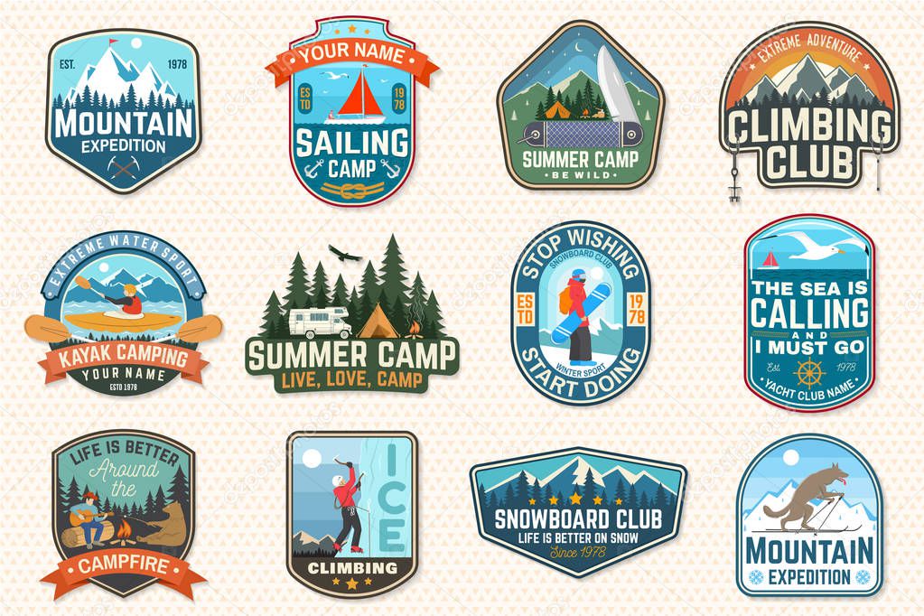 Set of sailing camp, canoe and kayak club patches. Vector. Concept for shirt, print, stamp or tee. Outdoor adventure patches.