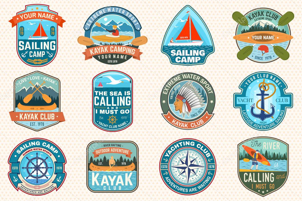 Set of sailing camp, canoe and kayak club patches. Vector. Concept for shirt, print, stamp or tee. Design with sea anchors, hand wheel, sail boat and river, kayaker silhouette. Extreme water sport.