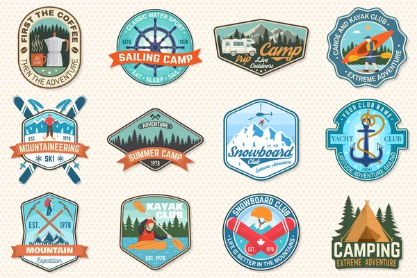 Conjunto de campo de vela, canoa, snowboard, escalada y parches club de kayak. Vector. Concepto para camisa, estampado, estampado o camiseta. Parches de aventura al aire libre . — Vector de stock