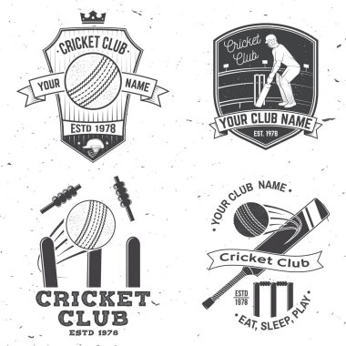Kriket kulübü rozetleri seti. Vektör. Baskı, damga veya tee için kavram. Kriket vurucu, top, wicket, kefalet ve kask silueti ile Vintage tipografi tasarımı. Spor kulübü için şablonlar.