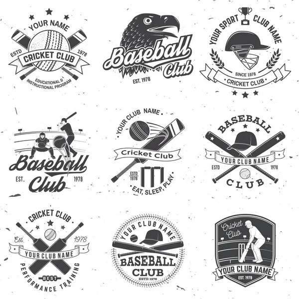 Juego de placas de cricket y club de béisbol. Vector. Concepto para camisa, estampado, estampado o camiseta. Plantillas para club deportivo . — Vector de stock