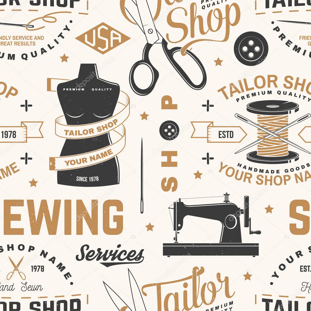 Tailor shop seamless pattern or background. Vector illustration. Concept for sewing shop business. Design with sewing accessories silhouette.
