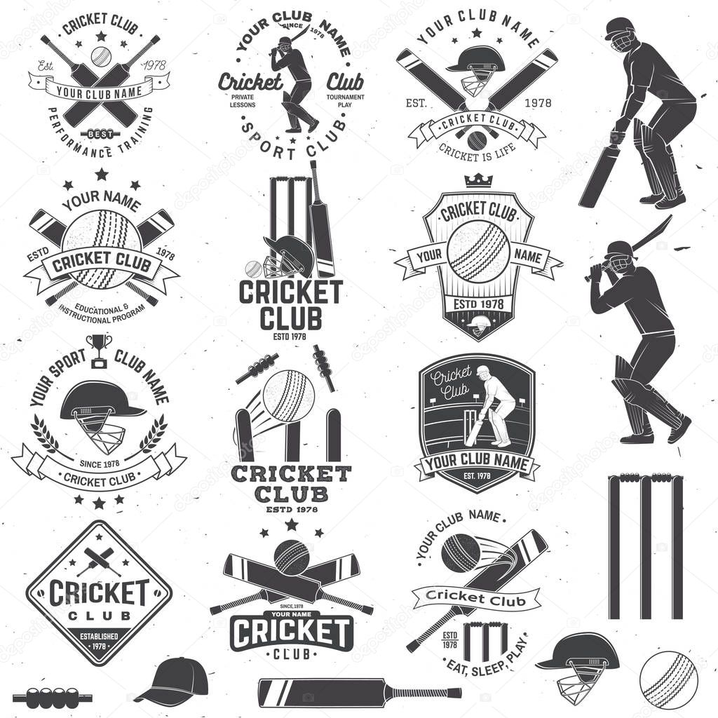 Set of cricket club badges with design element. Vector. Concept for shirt, print, stamp or tee. Templates for cricket sports club.
