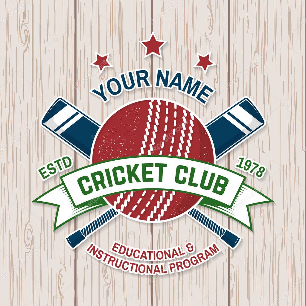 Cricket club badge. Vector illustration. Concept for shirt, print, stamp or tee. Vintage typography design with cricket bat and ball silhouette. Templates for sports club.