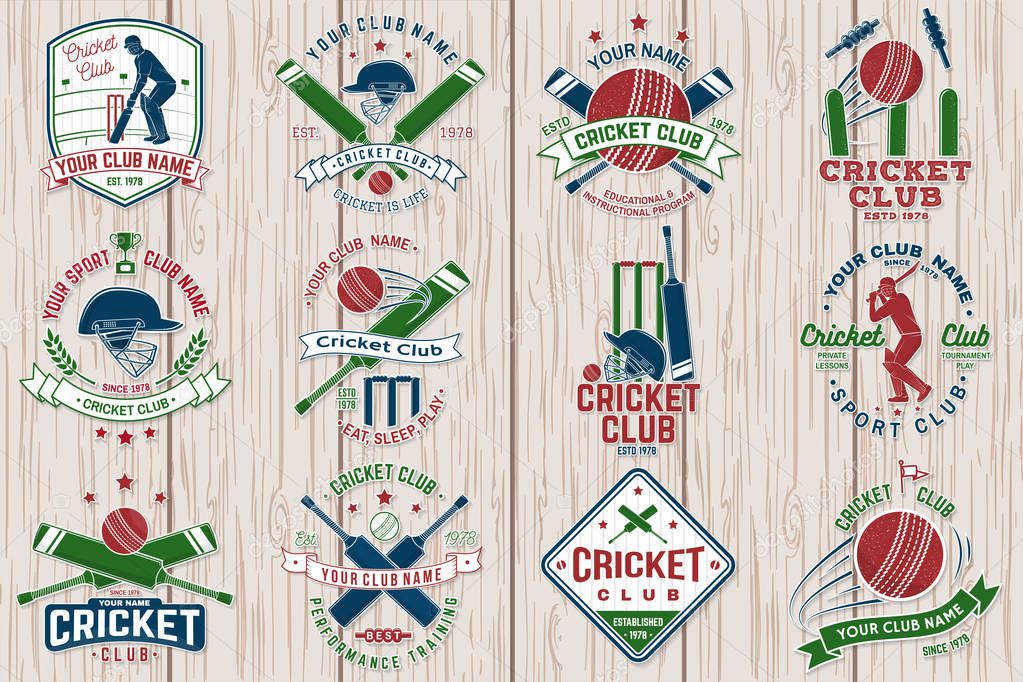 Cricket club patch or sticker. Vector. Concept for shirt, print, stamp or tee. Vintage typography design with bat , wicket, bail, helmet and cricket ball silhouette. Templates for sports club.