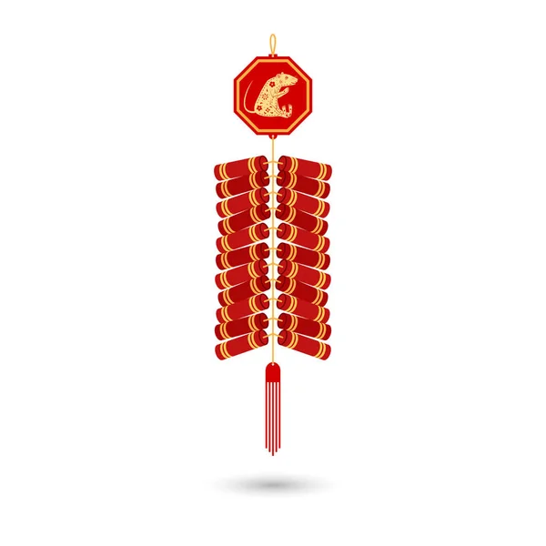 Icona piatta con petardo cinese rosso. Vettore. Red fire cracker art design con segno zodiacale cinese anno di ratto . — Vettoriale Stock