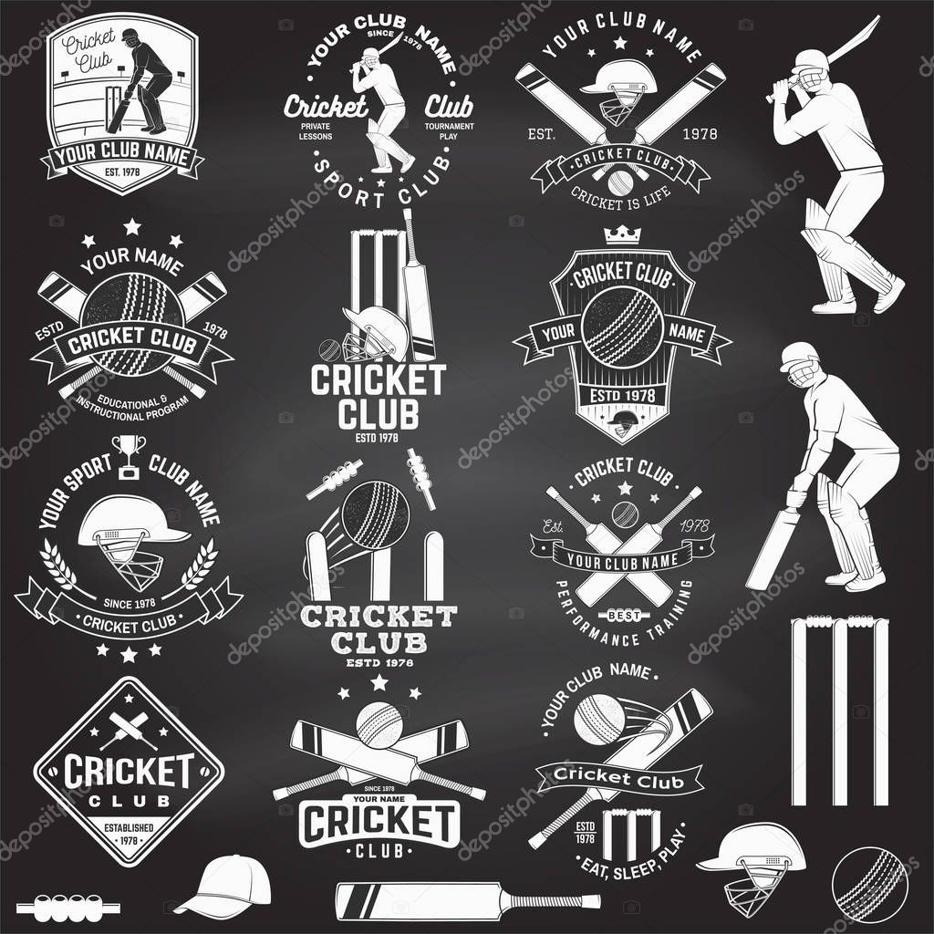Set of cricket club badges on the chalkboard. Vector illustration. Concept for shirt, print, stamp or tee. Templates for cricket sports club.
