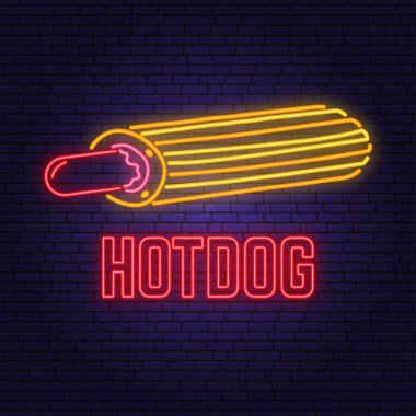Tuğla duvar arka plan neon hot dog fransa retro işareti. Kafe, restoran için tasarım. Vektör. Pub veya fast food iş için Neon tasarım. Işık işareti afiş. Cam tüp.