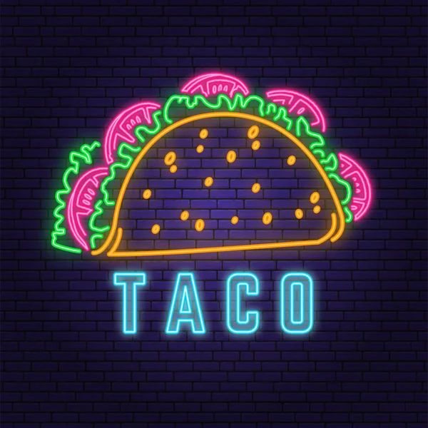 Design de crachá retrô de taco mexicano de néon. Design para café, restaurante. Vector. Design de néon para pub ou negócio de fast food. Bandeira de sinal de luz. Tubo de vidro . — Vetor de Stock