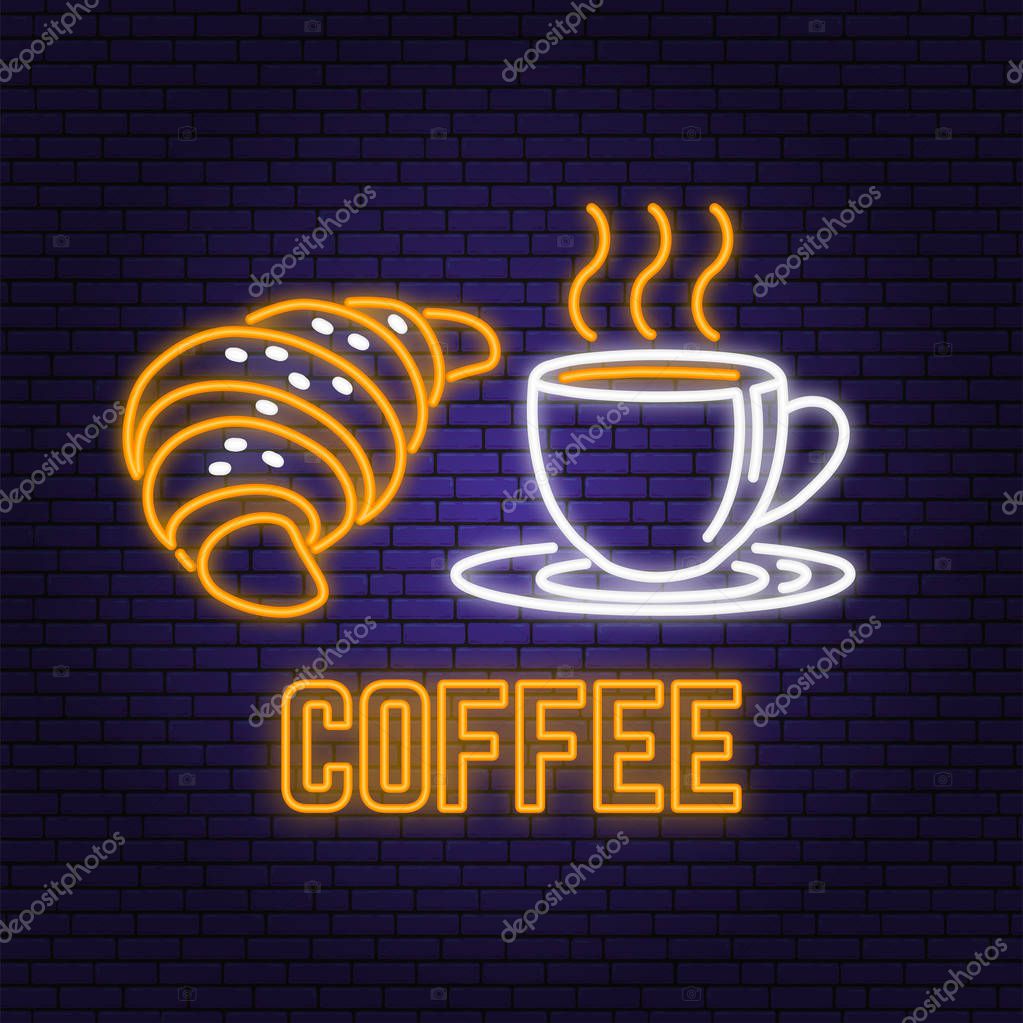 Neon coffee and croissant retro sign on brick wall background. Design for cafe, restaurant. Vector illustration. Neon design for pub or fast food business. Light sign banner. Glass tube.