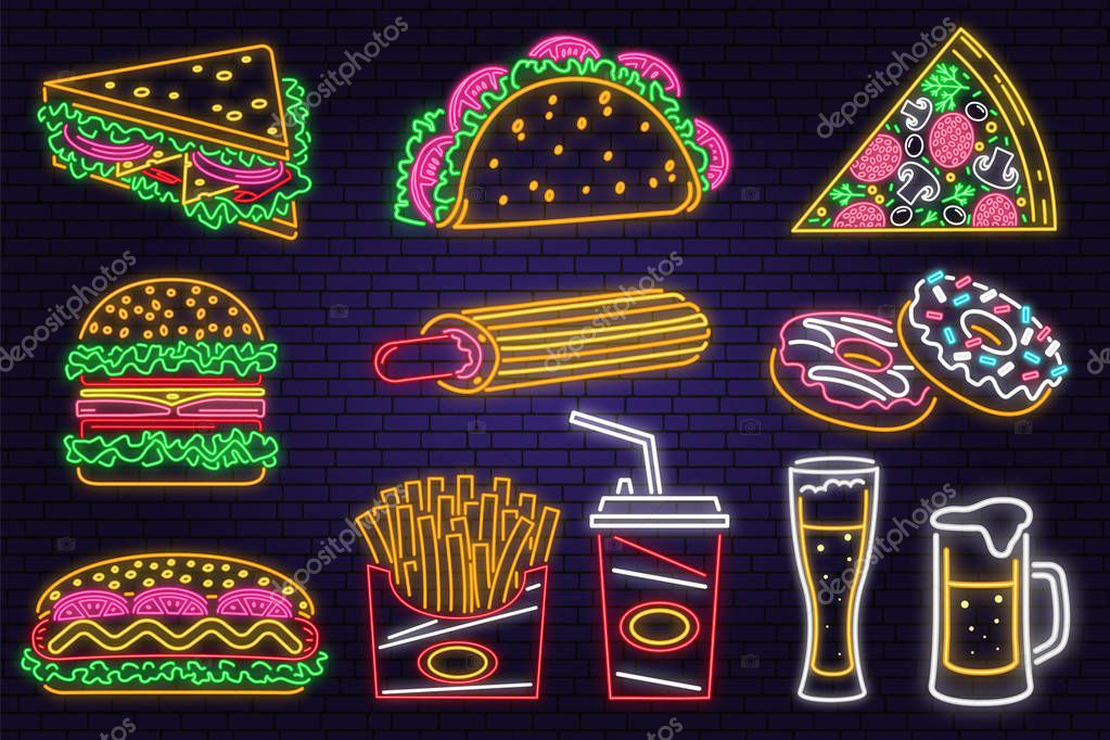 Retro neon burger, cola, beer, french fries and fast food sign on brick wall background. Design for cafe, restaurant Vector. Neon design for pub or fast food business. Light sign banner. Glass tube
