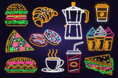 Retro neon burger, kola, kruvasan, kahve ve duvarda fast food tabelası. Kafe ve restoran için tasarım. Bar ya da fast food işi için neon tasarım. Işık pankartı. Cam tüp.