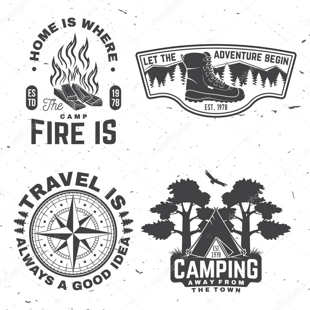 Set of outdoor adventure quotes symbol. Concept for shirt or logo, print, stamp or tee. Vintage design with hiking boots, camping tent, campfire, compass and forest silhouette.
