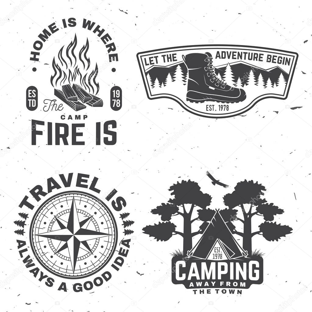 Set of outdoor adventure quotes symbol. Vector. Concept for shirt or logo, print, stamp or tee. Vintage design with hiking boots, camping tent, campfire, compass and forest silhouette.