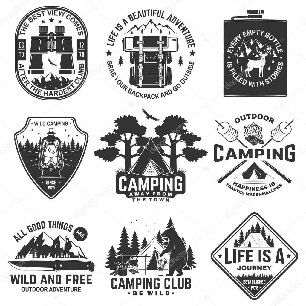 Set of outdoor adventure quotes symbol. Vector. Concept for shirt or logo, print, stamp or tee. Vintage design with backpack, binoculars, mountains, bear, deer, tent, lantern and forest silhouette