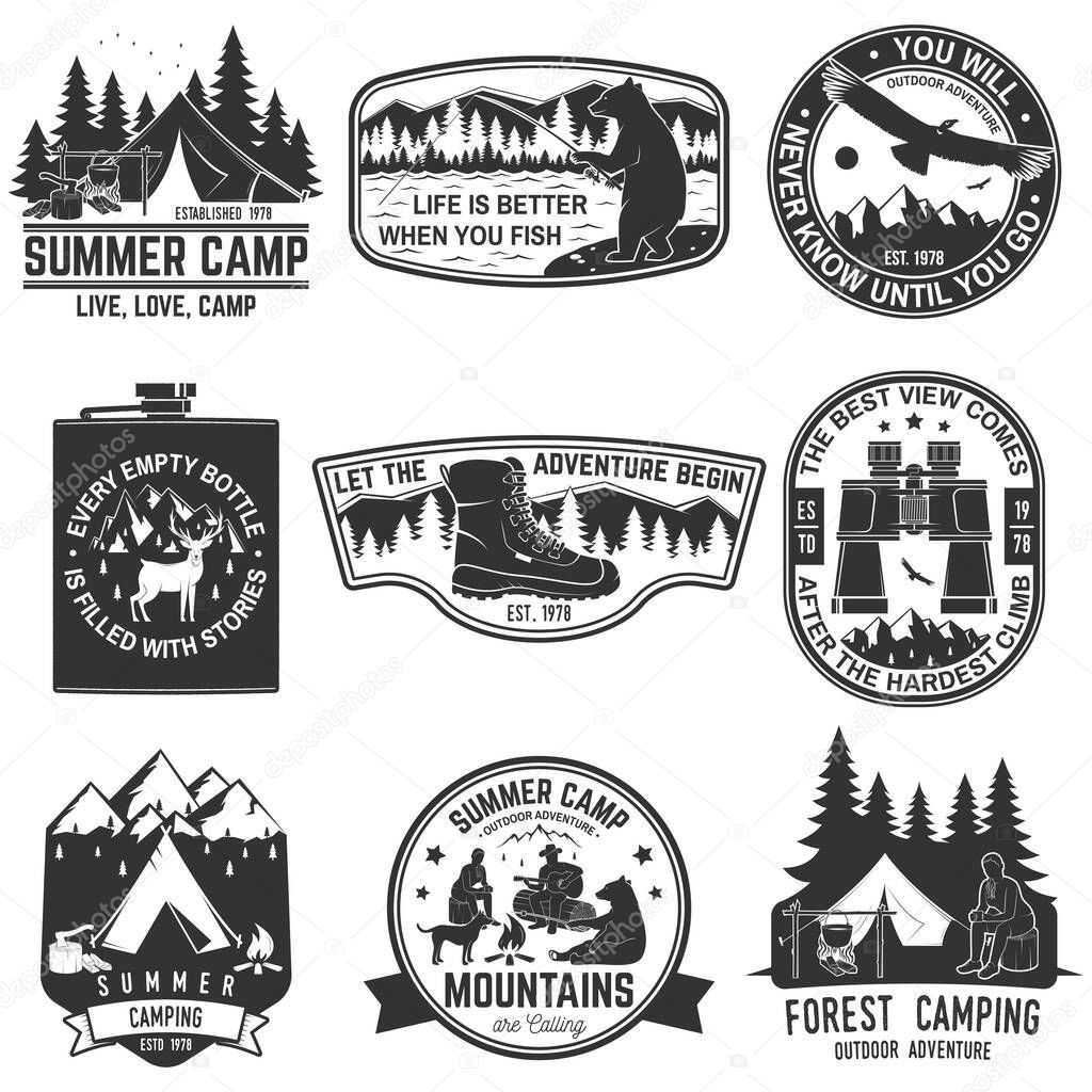Set of outdoor adventure quotes symbol. Vector Concept for shirt or logo, print, stamp or tee. Vintage design with hiking boots, fishing bear, mountains, binoculars, condor, tent and forest silhouette
