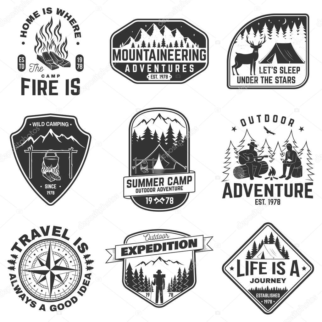 Set of outdoor adventure quotes symbol. Vector. Concept for shirt or logo, print, stamp. Vintage design with mountains, compass, rv trailer, camping tent, campfire, bear, tent and forest silhouette