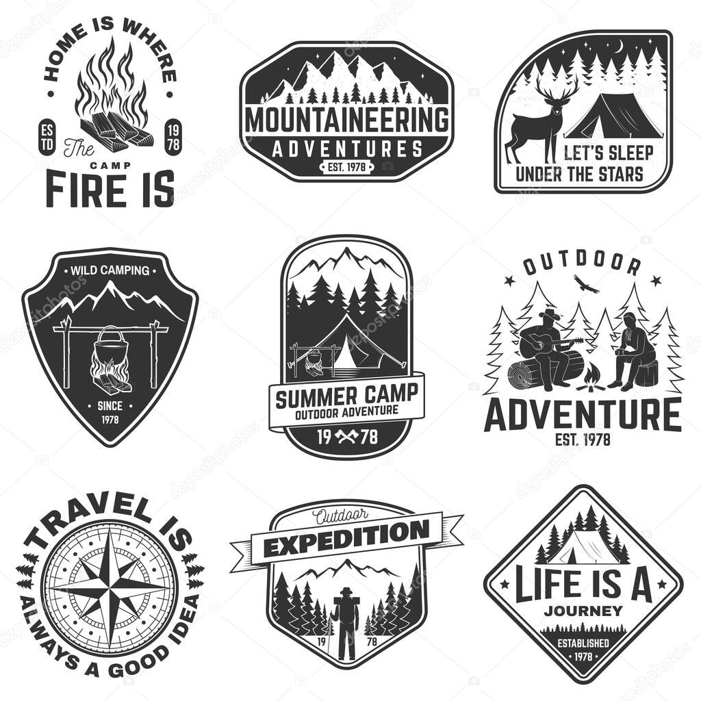 Set of outdoor adventure quotes symbol. Concept for shirt or logo, print, stamp. Vintage design with mountains, compass, rv trailer, camping tent, campfire, bear, tent and forest silhouette